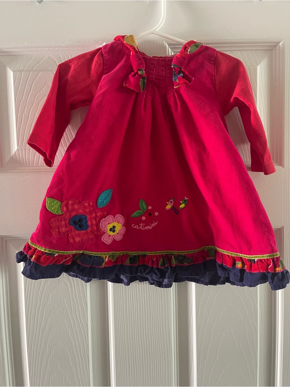 EUC Catimini Bright Pink Floral Ruffle Long-Sleeve Dress Sz 9 months